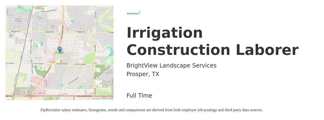 BrightView Landscape Services job posting for a Irrigation Construction Laborer in Prosper, TX with a salary of $16 to $21 Hourly with a map of Prosper location.