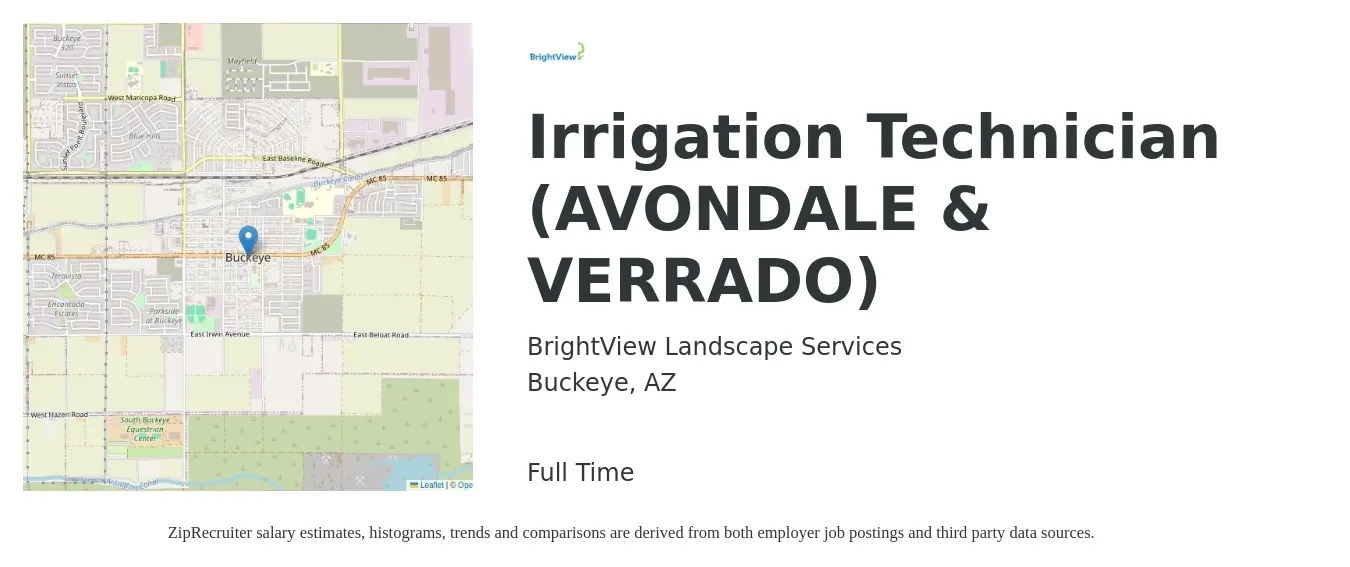 BrightView Landscape Services job posting for a Irrigation Technician (AVONDALE & VERRADO) in Buckeye, AZ with a salary of $18 to $24 Hourly with a map of Buckeye location.