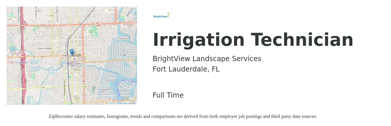 BrightView Landscape Services job posting for a Irrigation Technician in Fort Lauderdale, FL with a salary of $18 to $24 Hourly with a map of Fort Lauderdale location.
