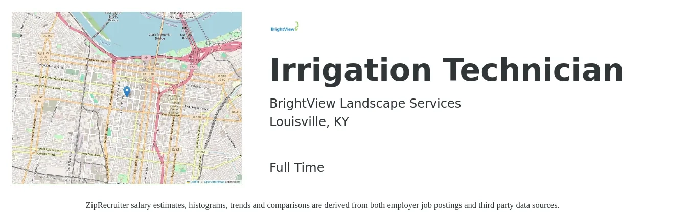 BrightView Landscape Services job posting for a Irrigation Technician in Louisville, KY with a salary of $18 to $23 Hourly with a map of Louisville location.