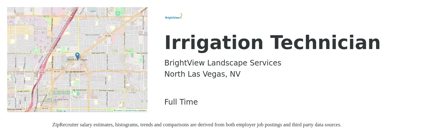 BrightView Landscape Services job posting for a Irrigation Technician in North Las Vegas, NV with a salary of $18 to $24 Hourly with a map of North Las Vegas location.