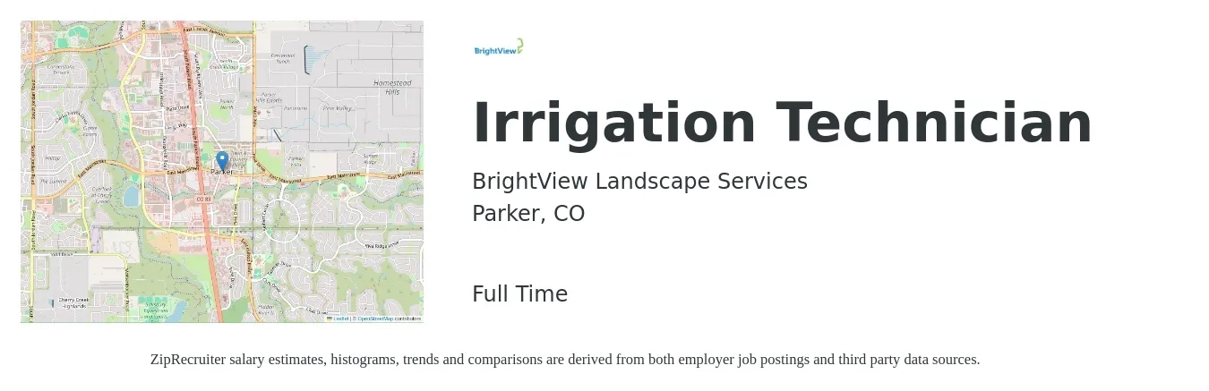 BrightView Landscape Services job posting for a Irrigation Technician in Parker, CO with a salary of $24 to $28 Hourly with a map of Parker location.
