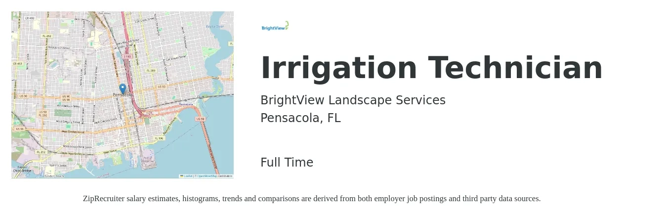 BrightView Landscape Services job posting for a Irrigation Technician in Pensacola, FL with a salary of $16 to $22 Hourly with a map of Pensacola location.