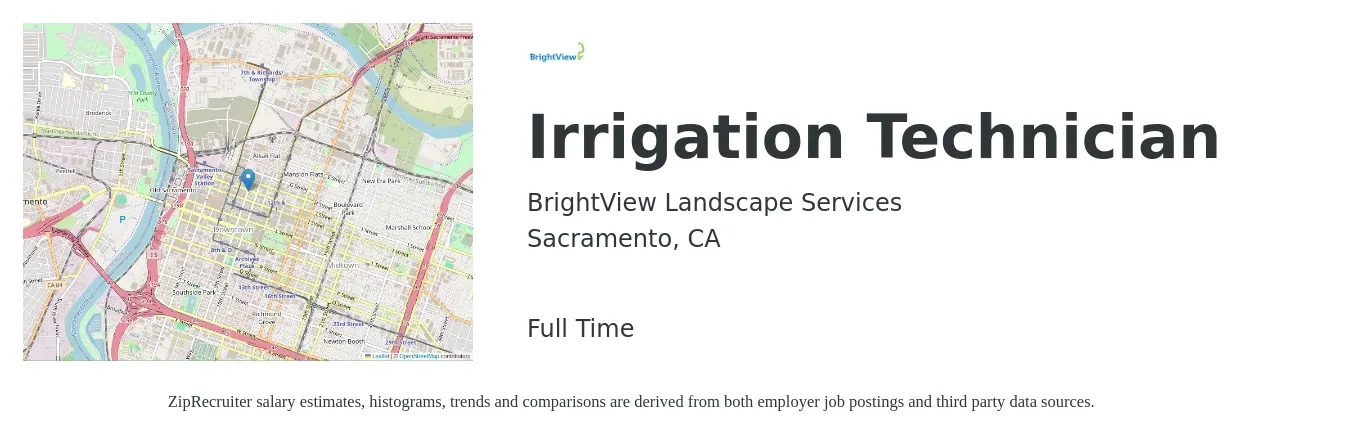 BrightView Landscape Services job posting for a Irrigation Technician in Sacramento, CA with a salary of $21 to $27 Hourly with a map of Sacramento location.
