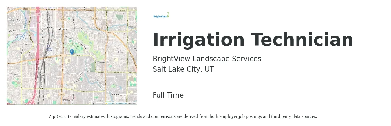 BrightView Landscape Services job posting for a Irrigation Technician in Salt Lake City, UT with a salary of $18 to $24 Hourly with a map of Salt Lake City location.
