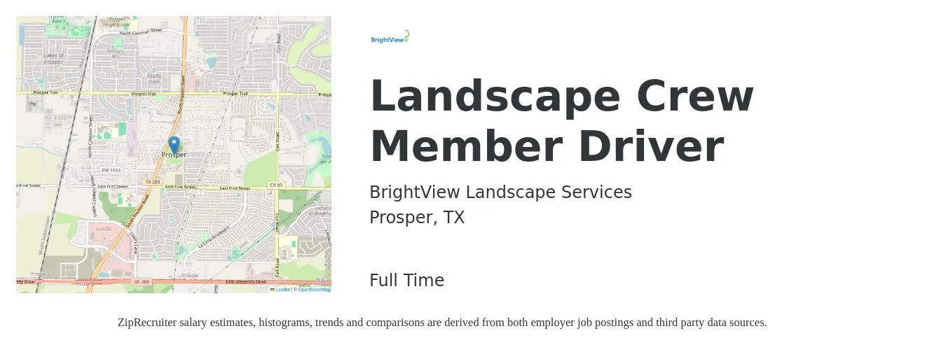 BrightView Landscape Services job posting for a Landscape Crew Member Driver in Prosper, TX with a salary of $14 to $18 Hourly with a map of Prosper location.
