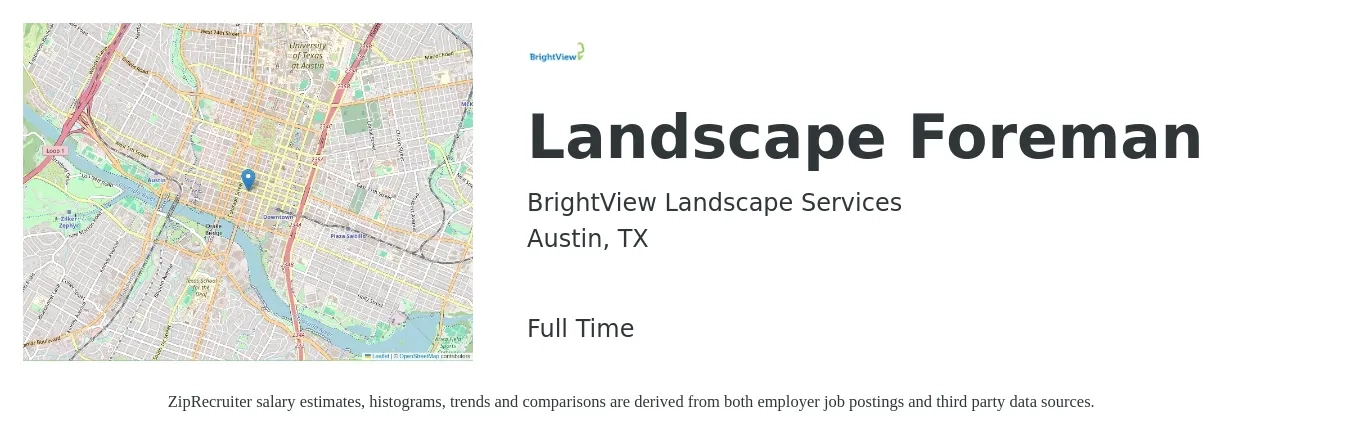 BrightView Landscape Services job posting for a Landscape Foreman in Austin, TX with a salary of $18 to $27 Hourly with a map of Austin location.