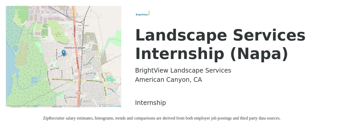 BrightView Landscape Services job posting for a Landscape Services Internship (Napa) in American Canyon, CA with a salary of $63,800 to $86,300 Yearly with a map of American Canyon location.