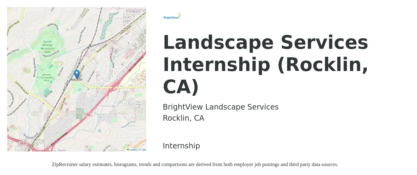 BrightView Landscape Services job posting for a Landscape Services Internship (Rocklin, CA) in Rocklin, CA with a salary of $58,900 to $79,800 Yearly with a map of Rocklin location.