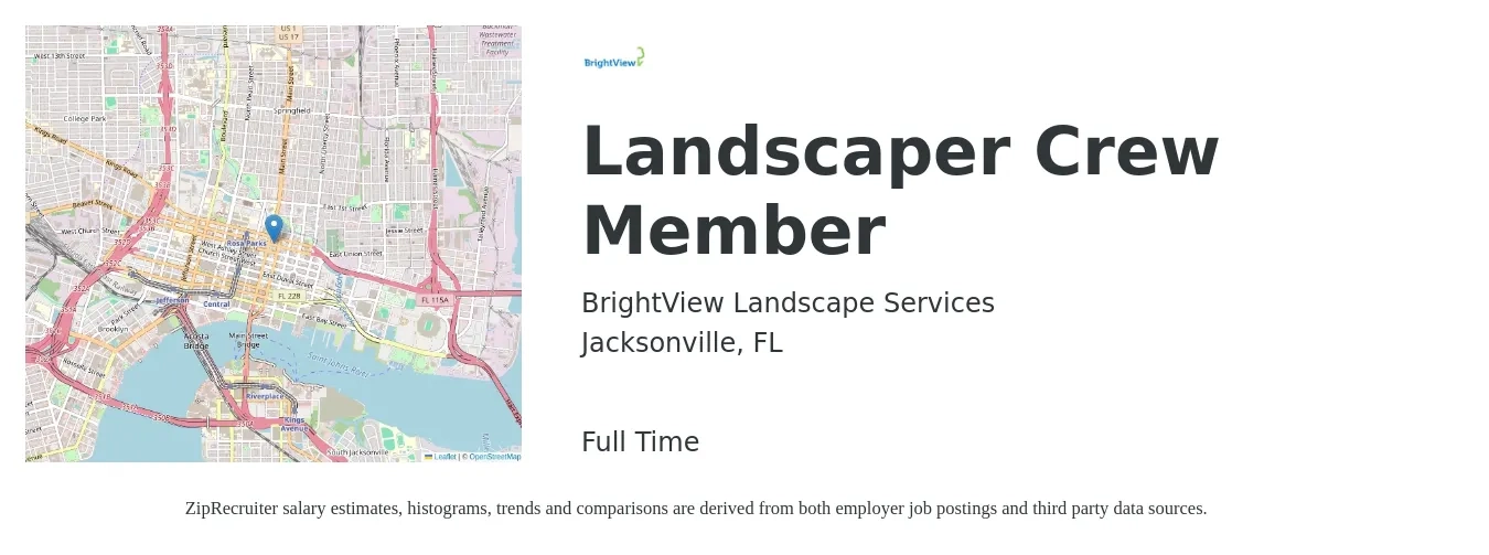 BrightView Landscape Services job posting for a Landscaper Crew Member in Jacksonville, FL with a salary of $14 to $18 Hourly with a map of Jacksonville location.