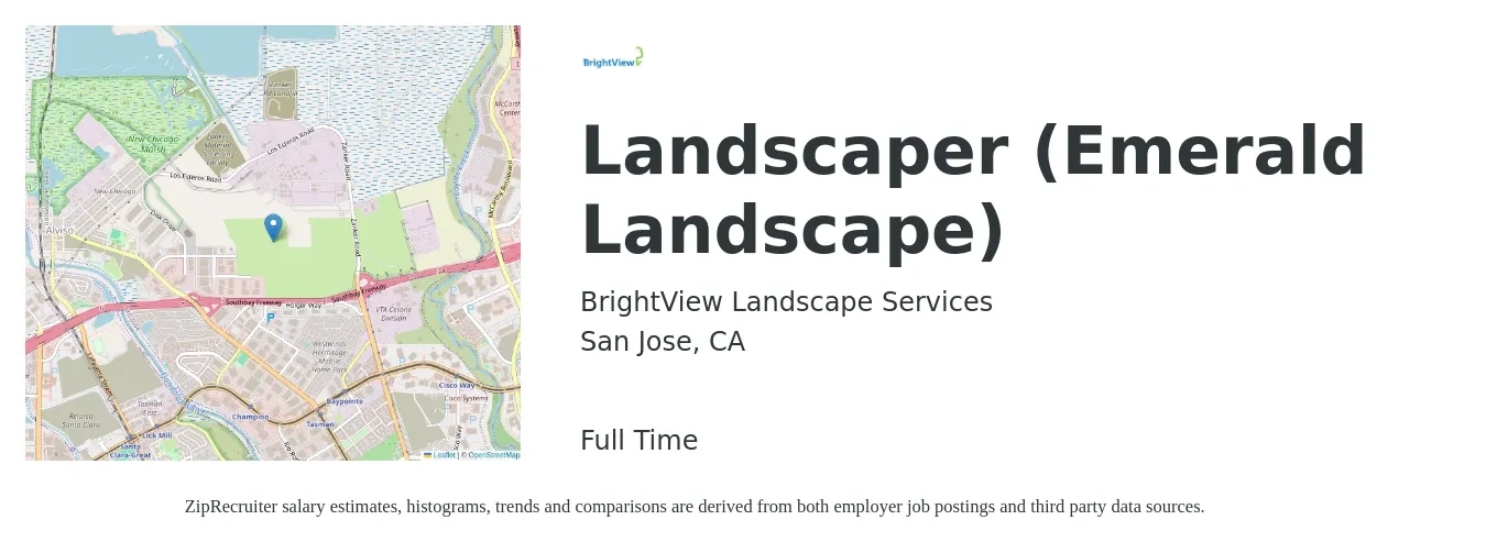 BrightView Landscape Services job posting for a Landscaper (Emerald Landscape) in San Jose, CA with a salary of $19 to $24 Hourly with a map of San Jose location.