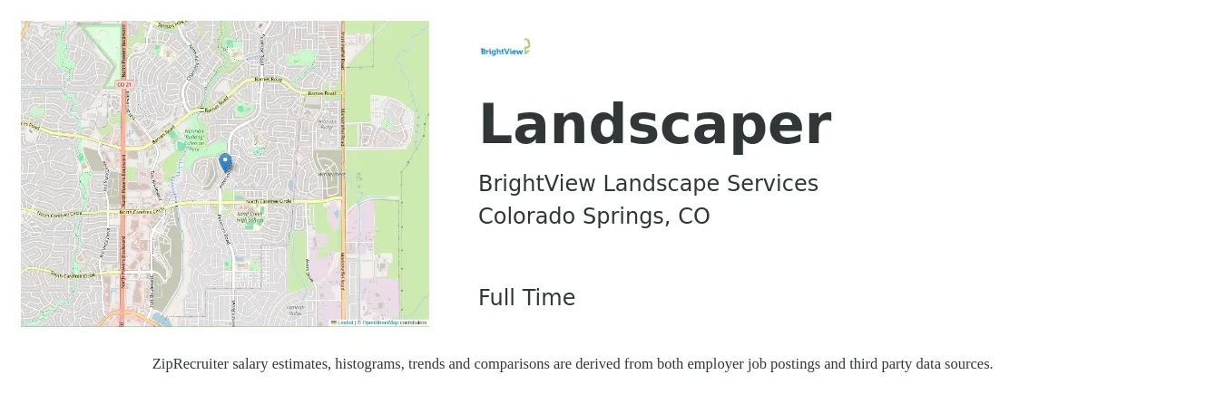 BrightView Landscape Services job posting for a Landscaper in Colorado Springs, CO with a salary of $16 to $20 Hourly with a map of Colorado Springs location.