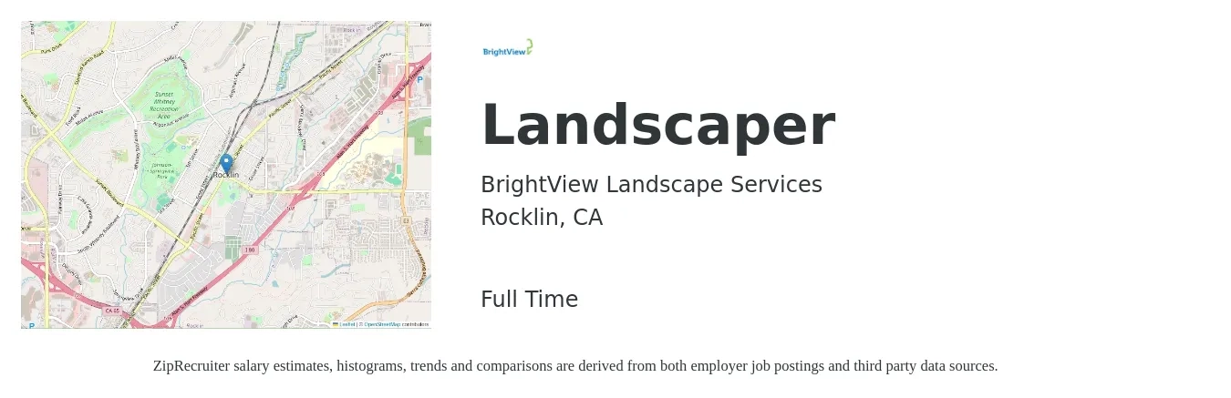 BrightView Landscape Services job posting for a Landscaper in Rocklin, CA with a salary of $17 to $21 Hourly with a map of Rocklin location.