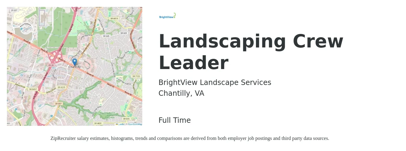 BrightView Landscape Services job posting for a Landscaping Crew Leader in Chantilly, VA with a salary of $17 to $25 Hourly with a map of Chantilly location.
