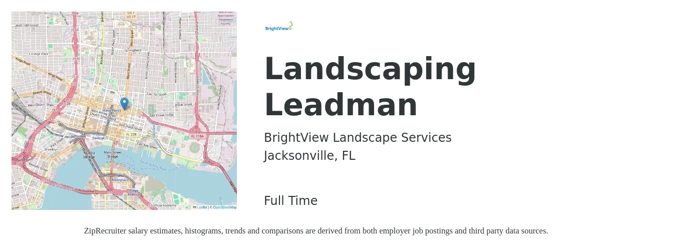 BrightView Landscape Services job posting for a Landscaping Leadman in Jacksonville, FL with a salary of $16 to $20 Hourly with a map of Jacksonville location.