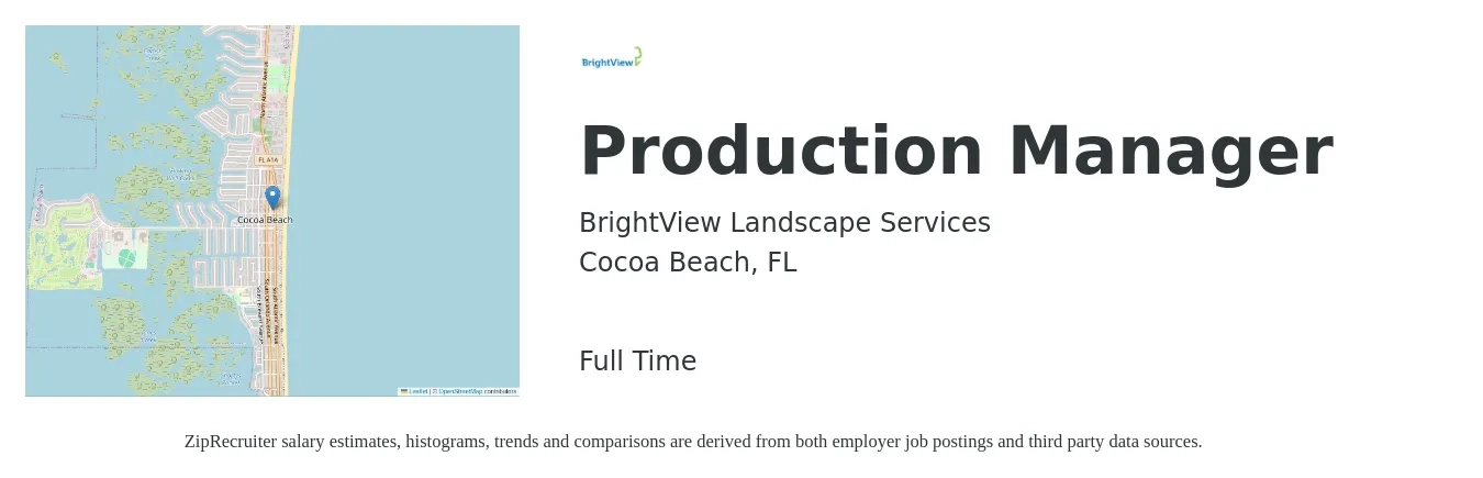 BrightView Landscape Services job posting for a Production Manager in Cocoa Beach, FL with a salary of $47,400 to $68,100 Yearly with a map of Cocoa Beach location.
