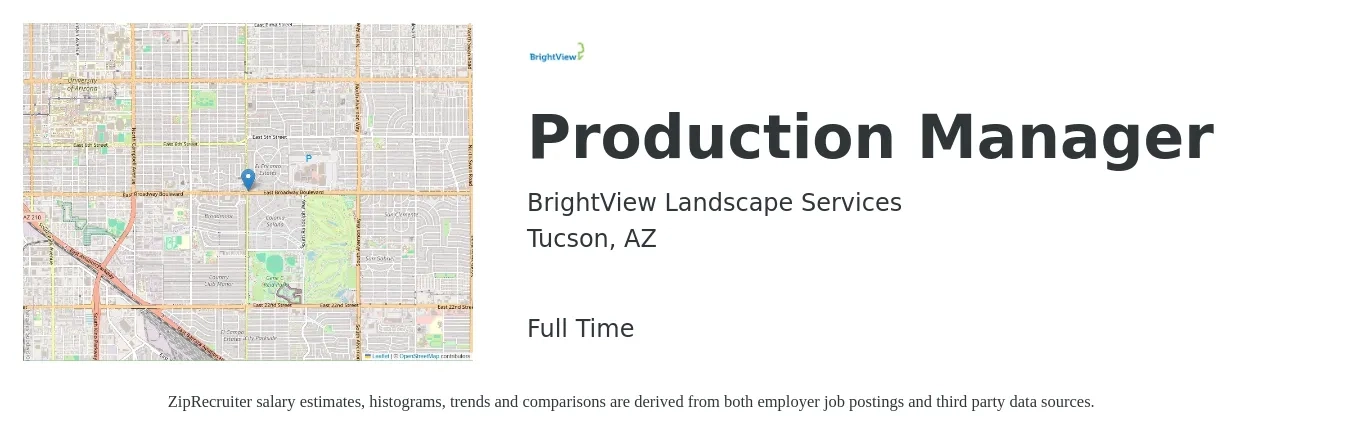 BrightView Landscape Services job posting for a Production Manager in Tucson, AZ with a salary of $50,100 to $72,100 Yearly with a map of Tucson location.
