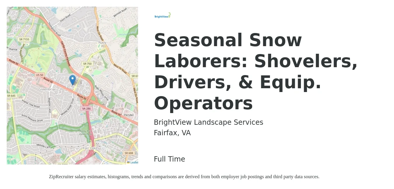 BrightView Landscape Services job posting for a Seasonal Snow Laborers: Shovelers, Drivers, & Equip. Operators in Fairfax, VA with a salary of $23 to $36 Hourly with a map of Fairfax location.