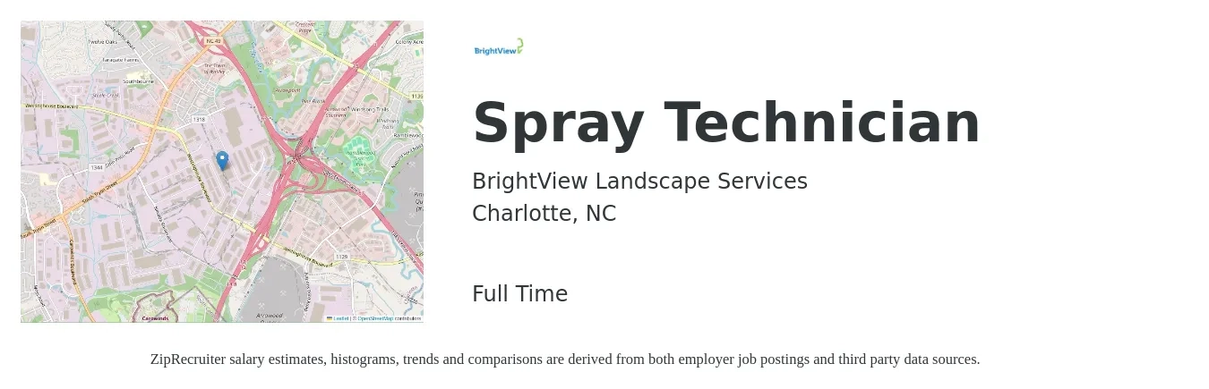 BrightView Landscape Services job posting for a Spray Technician in Charlotte, NC with a salary of $16 to $21 Hourly with a map of Charlotte location.