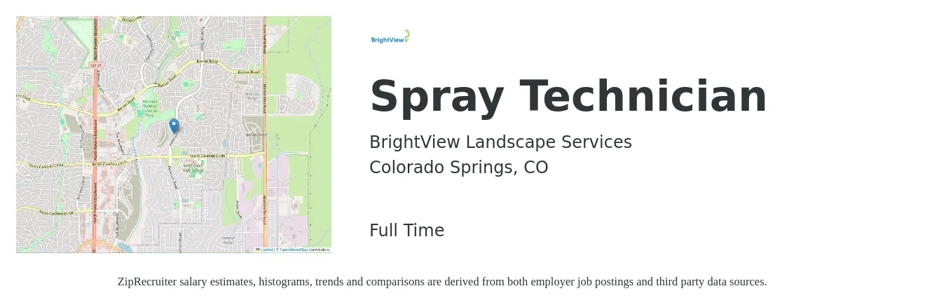 BrightView Landscape Services job posting for a Spray Technician in Colorado Springs, CO with a salary of $17 to $22 Hourly with a map of Colorado Springs location.