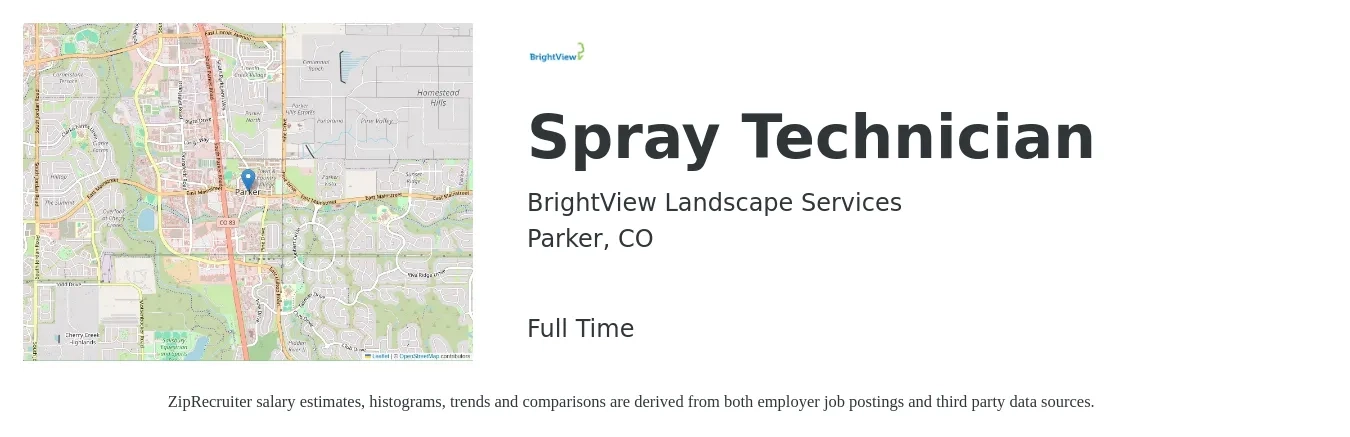 BrightView Landscape Services job posting for a Spray Technician in Parker, CO with a salary of $22 to $28 Hourly with a map of Parker location.