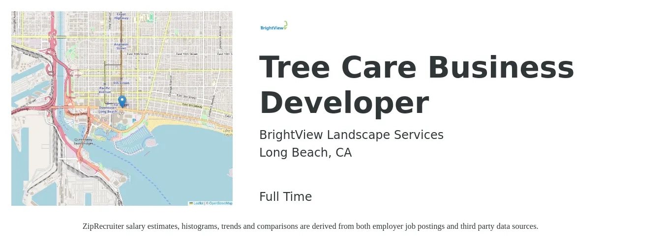 BrightView Landscape Services job posting for a Tree Care Business Developer in Long Beach, CA with a salary of $55,500 to $120,100 Yearly with a map of Long Beach location.