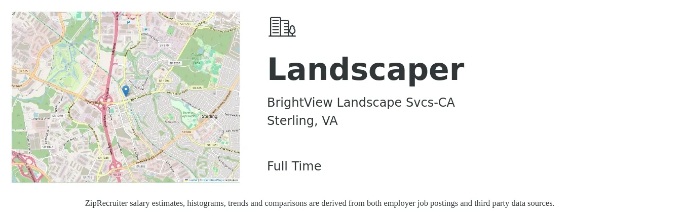 BrightView Landscape Svcs-CA job posting for a Landscaper in Sterling, VA with a salary of $16 to $20 Hourly with a map of Sterling location.