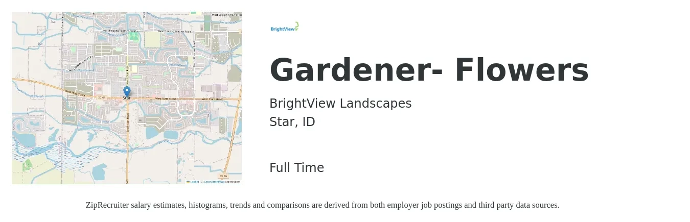 BrightView Landscapes job posting for a Gardener- Flowers in Star, ID with a salary of $17 to $24 Hourly with a map of Star location.