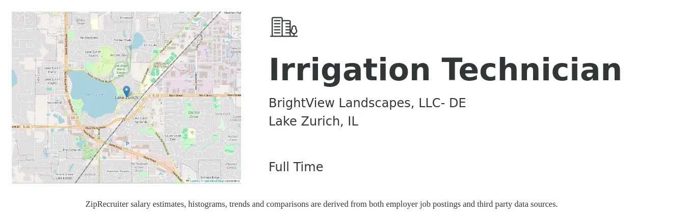 BrightView Landscapes, LLC- DE job posting for a Irrigation Technician in Lake Zurich, IL with a salary of $19 to $26 Hourly with a map of Lake Zurich location.