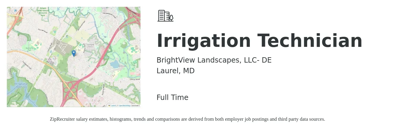 BrightView Landscapes, LLC- DE job posting for a Irrigation Technician in Laurel, MD with a salary of $19 to $25 Hourly with a map of Laurel location.