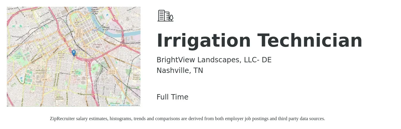 BrightView Landscapes, LLC- DE job posting for a Irrigation Technician in Nashville, TN with a salary of $18 to $24 Hourly with a map of Nashville location.
