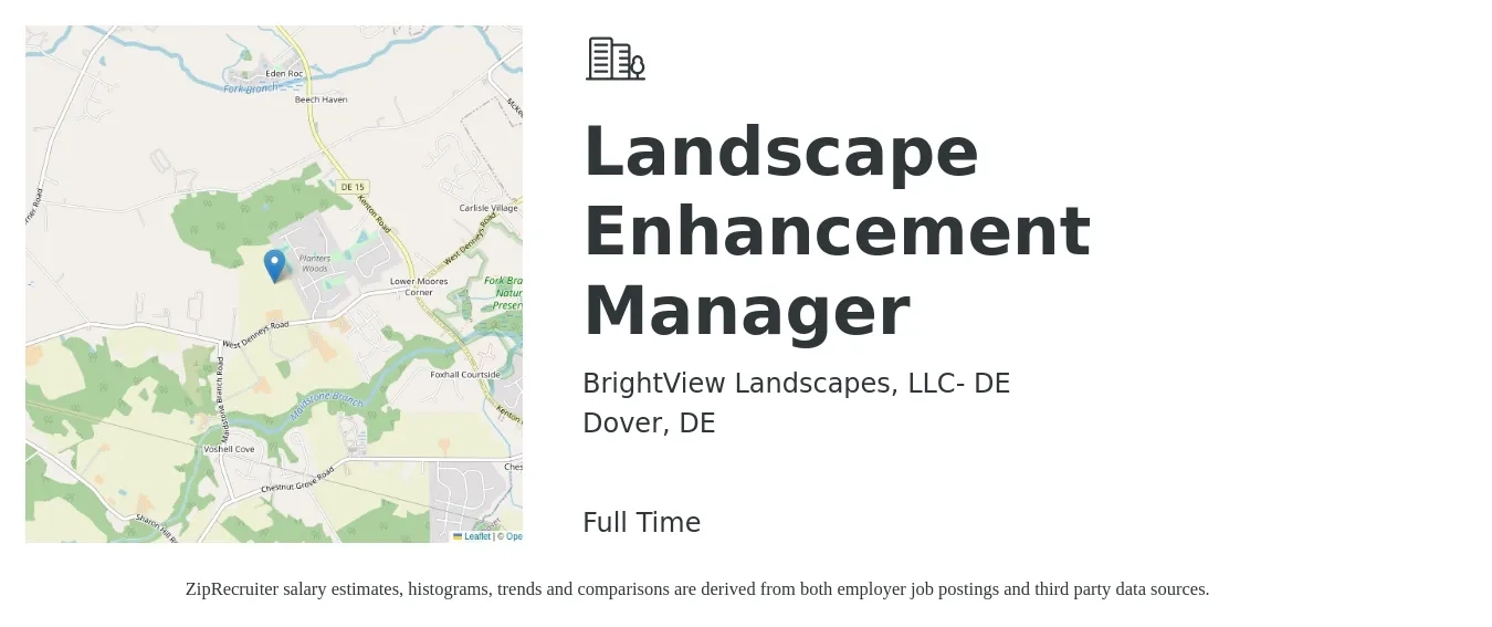 BrightView Landscapes, LLC- DE job posting for a Landscape Enhancement Manager in Dover, DE with a salary of $20 to $28 Hourly with a map of Dover location.