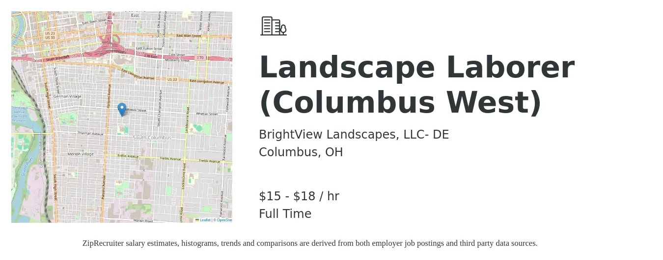 BrightView Landscapes, LLC- DE job posting for a Landscape Laborer (Columbus West) in Columbus, OH with a salary of $16 to $19 Hourly with a map of Columbus location.