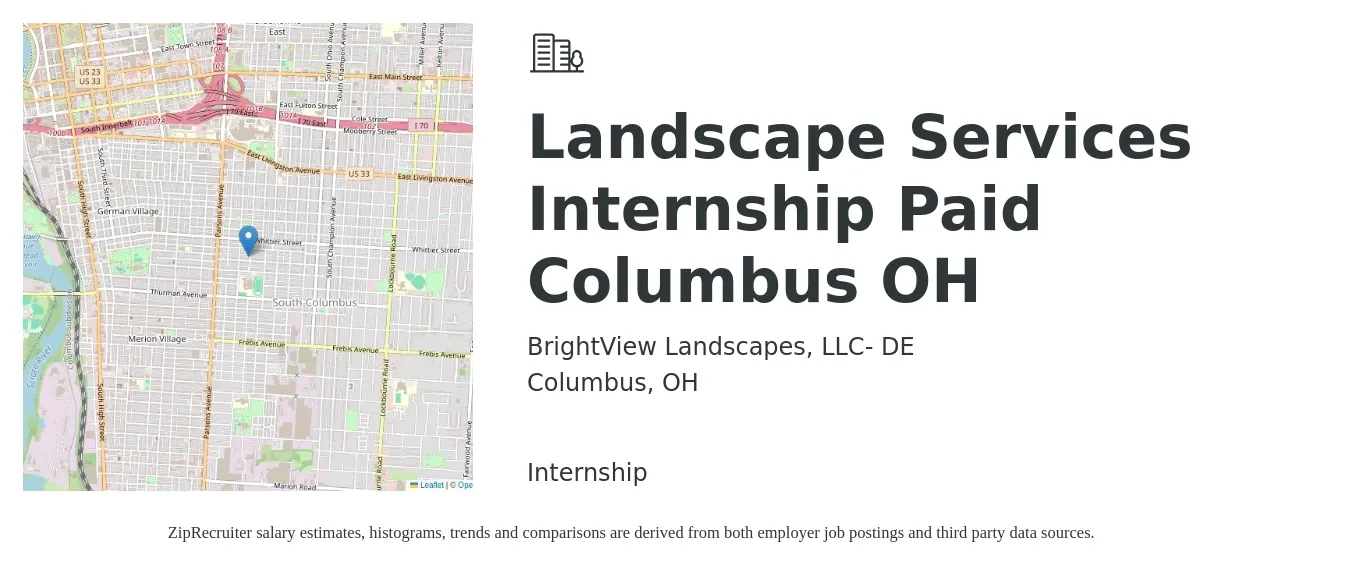 BrightView Landscapes, LLC- DE job posting for a Landscape Services Internship Paid Columbus OH in Columbus, OH with a salary of $16 to $22 Hourly with a map of Columbus location.