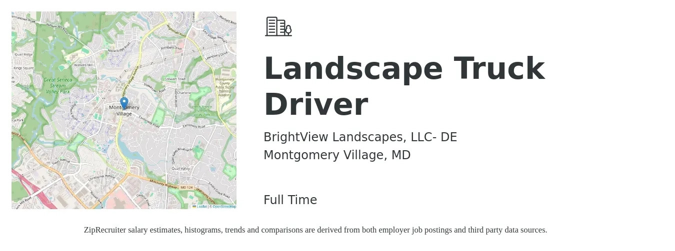BrightView Landscapes, LLC- DE job posting for a Landscape Truck Driver in Montgomery Village, MD with a salary of $20 to $29 Hourly with a map of Montgomery Village location.