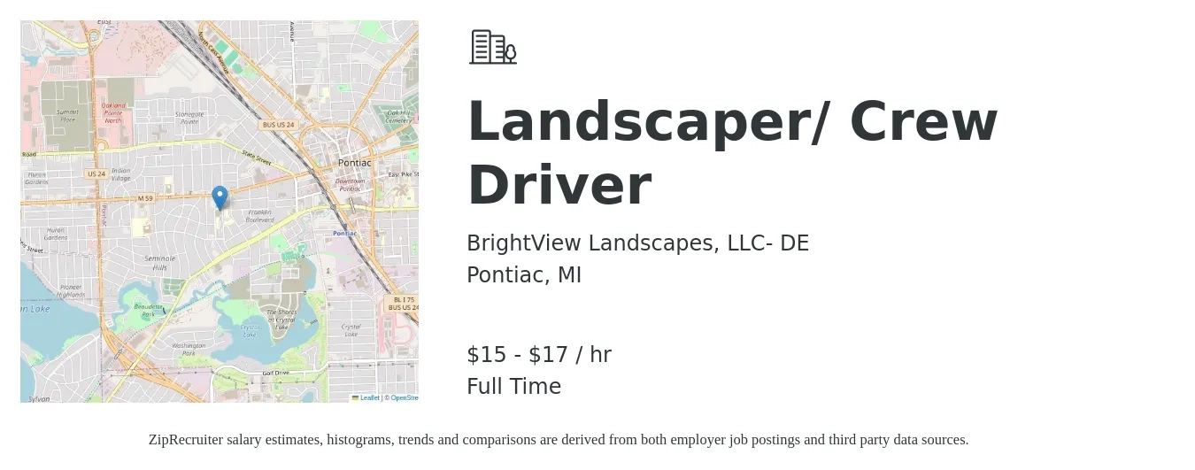BrightView Landscapes, LLC- DE job posting for a Landscaper/ Crew Driver in Pontiac, MI with a salary of $16 to $18 Hourly with a map of Pontiac location.