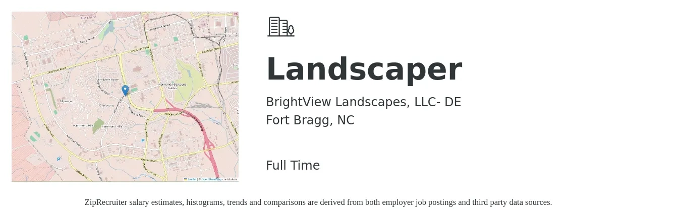BrightView Landscapes, LLC- DE job posting for a Landscaper in Fort Bragg, NC with a salary of $16 to $20 Hourly with a map of Fort Bragg location.