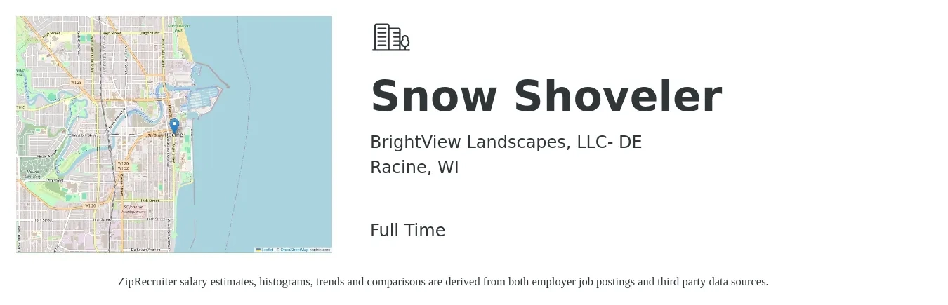 BrightView Landscapes, LLC- DE job posting for a Snow Shoveler in Racine, WI with a salary of $16 to $24 Hourly with a map of Racine location.