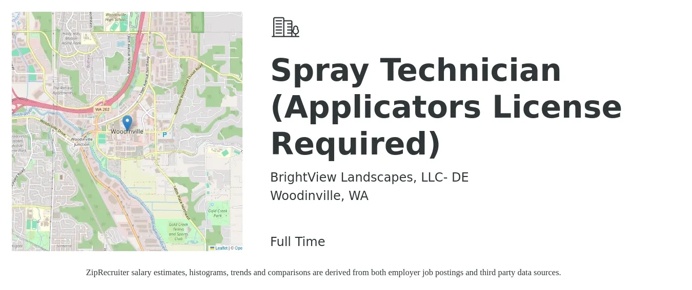 BrightView Landscapes, LLC- DE job posting for a Spray Technician (Applicators License Required) in Woodinville, WA with a salary of $27 Hourly with a map of Woodinville location.