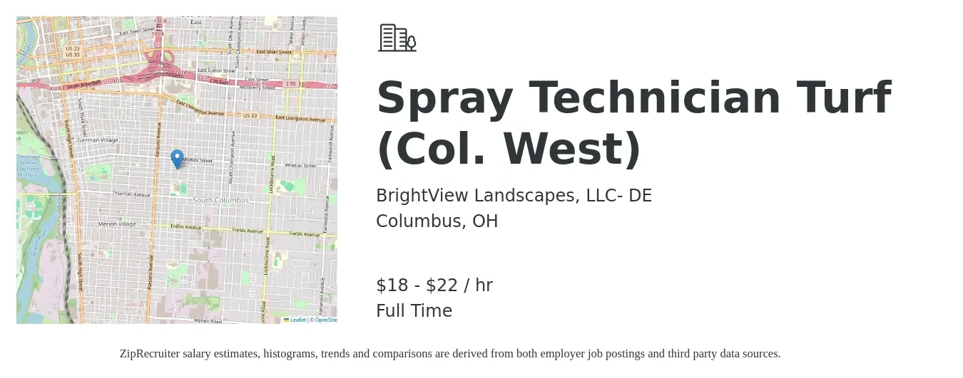 BrightView Landscapes, LLC- DE job posting for a Spray Technician Turf (Col. West) in Columbus, OH with a salary of $19 to $23 Hourly with a map of Columbus location.