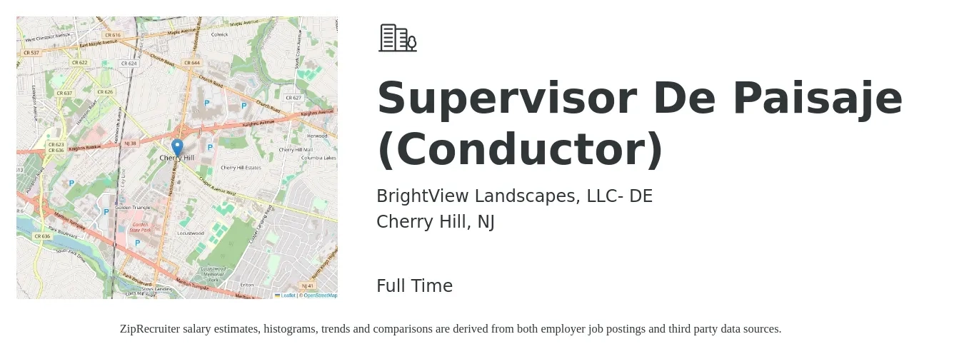 BrightView Landscapes, LLC- DE job posting for a Supervisor De Paisaje (Conductor) in Cherry Hill, NJ with a salary of $22 to $38 Hourly with a map of Cherry Hill location.
