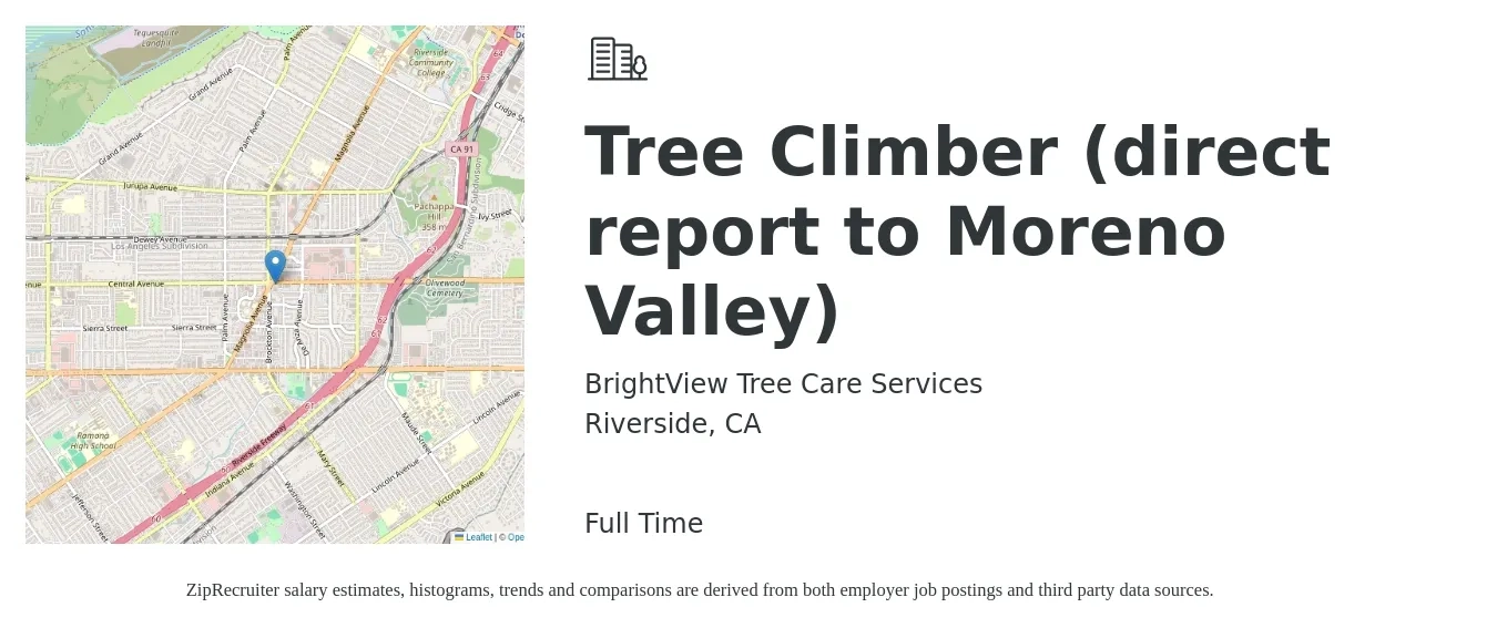 BrightView Tree Care Services job posting for a Tree Climber (direct report to Moreno Valley) in Riverside, CA with a salary of $22 to $30 Hourly with a map of Riverside location.