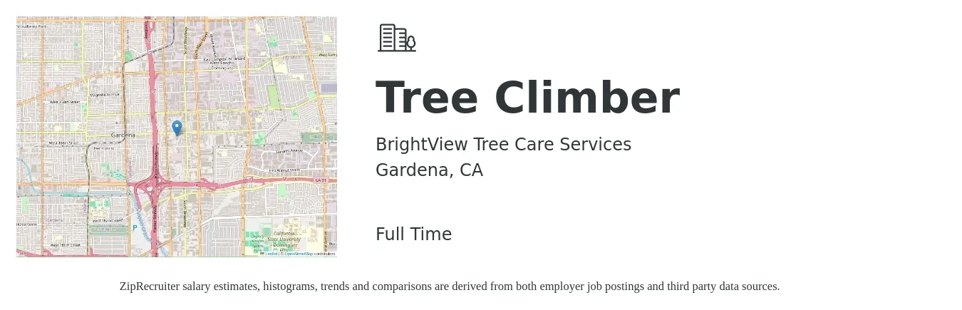 BrightView Tree Care Services job posting for a Tree Climber in Gardena, CA with a salary of $22 to $30 Hourly with a map of Gardena location.