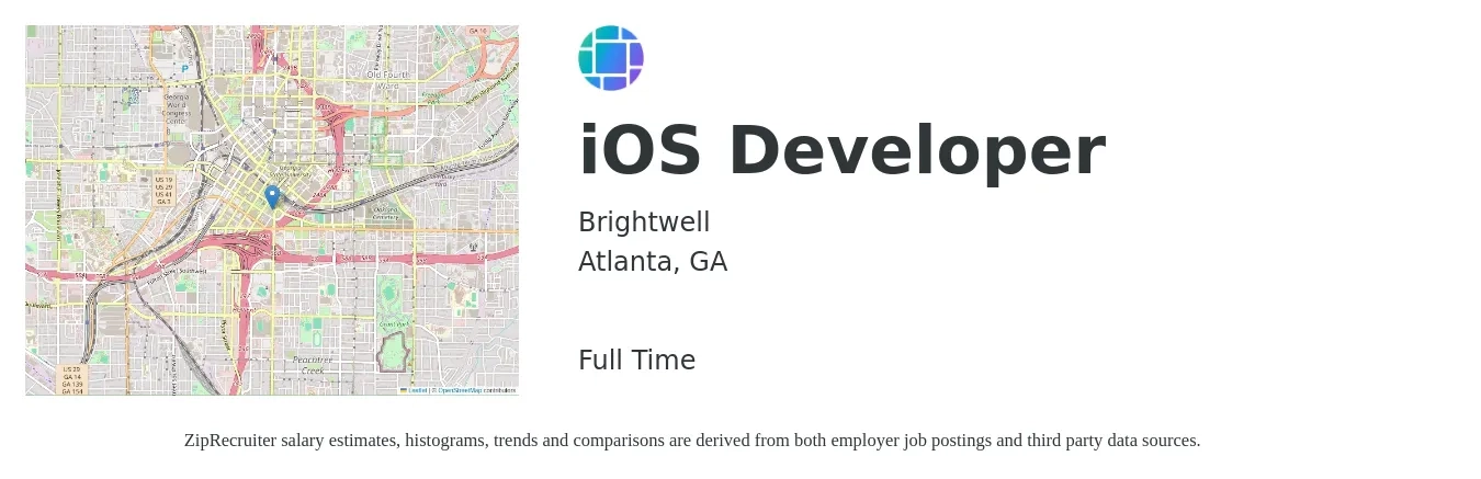 Brightwell job posting for a iOS Developer in Atlanta, GA with a salary of $50 to $68 Hourly with a map of Atlanta location.