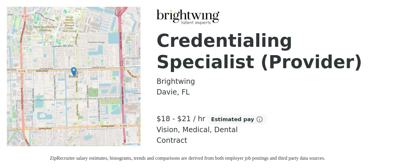 Brightwing job posting for a Credentialing Specialist (Provider) in Davie, FL with a salary of $19 to $22 Hourly and benefits including dental, life_insurance, medical, retirement, and vision with a map of Davie location.