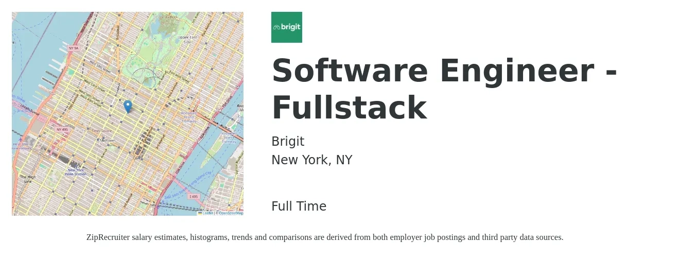 Brigit job posting for a Software Engineer - Fullstack in New York, NY with a salary of $121,400 to $172,900 Yearly with a map of New York location.