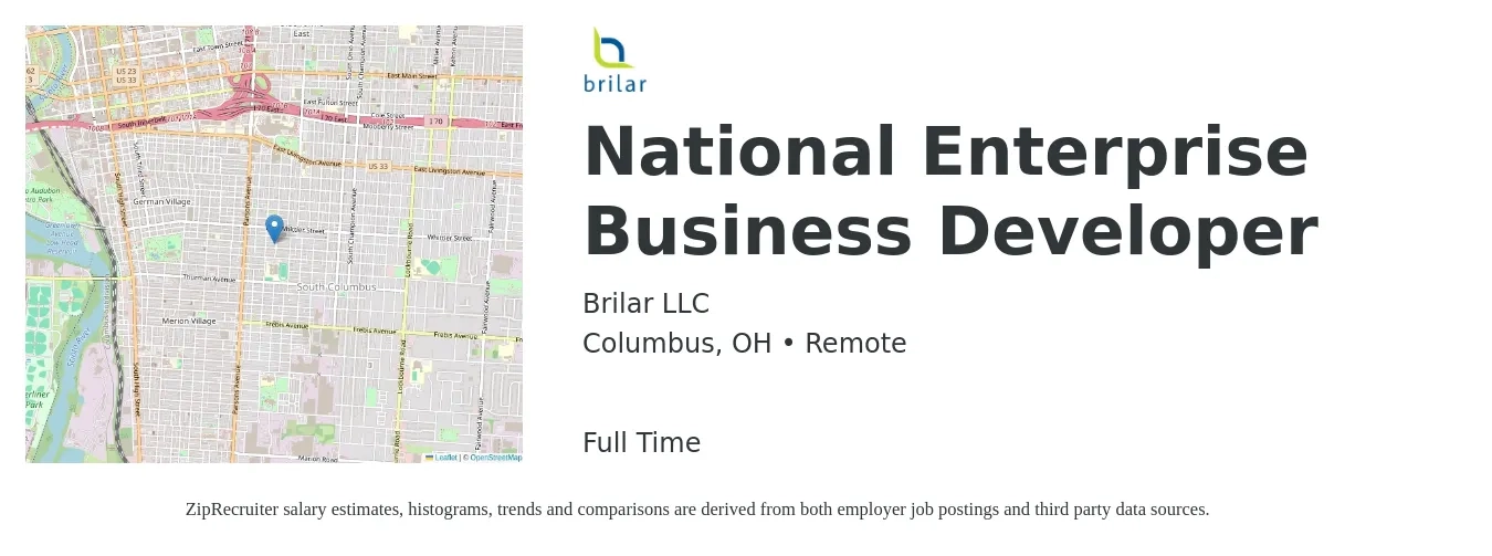 Brilar LLC job posting for a National Enterprise Business Developer in Columbus, OH with a salary of $49,700 to $107,700 Yearly with a map of Columbus location.
