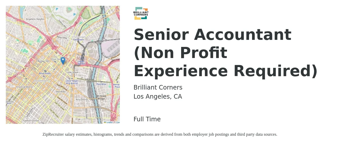Brilliant Corners job posting for a Senior Accountant (Non Profit Experience Required) in Los Angeles, CA with a salary of $75,000 Yearly with a map of Los Angeles location.