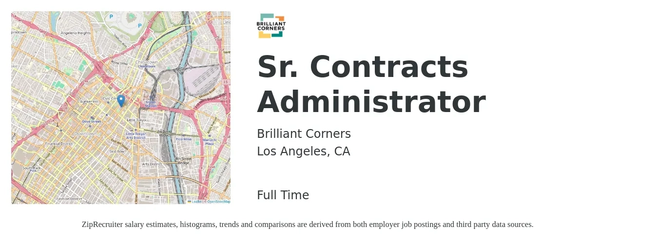Brilliant Corners job posting for a Sr. Contracts Administrator in Los Angeles, CA with a salary of $90,000 Yearly with a map of Los Angeles location.