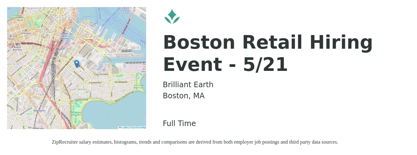 Brilliant Earth job posting for a Boston Retail Hiring Event - 5/21 in Boston, MA with a map of Boston location.